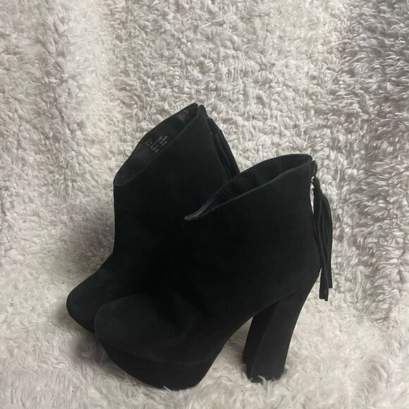 STEVE MADDEN Leather Black Suede Platform Heels ankle boots tassel accent SZ8.5 - Picture 6 of 14